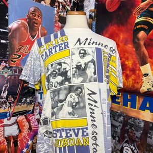 Vintage 90s Minnesota Vikings Cris Carter Moss Anvil AOP T-Shirt Mens Sz XL